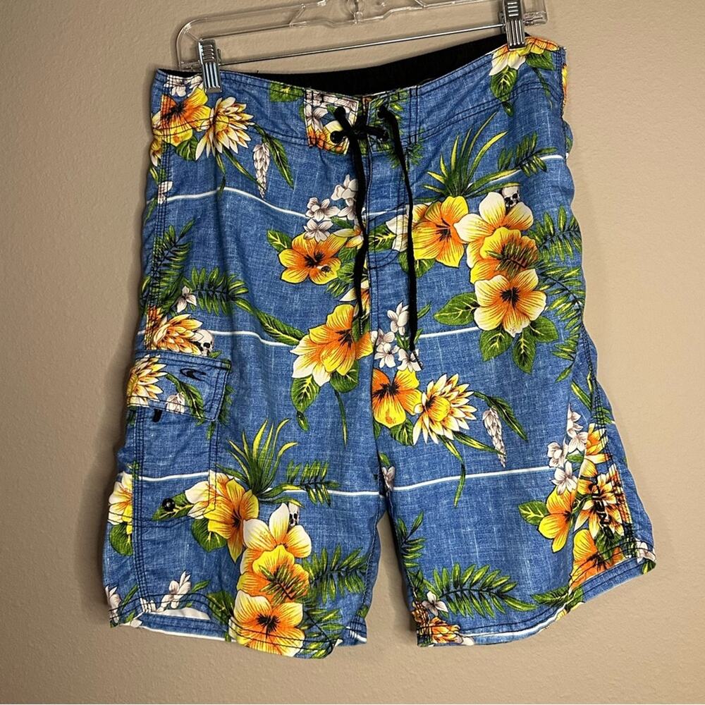 O’Neill Board Shorts Size 32 Blue Hawaiian Floral Surf Swim Beach Shorts